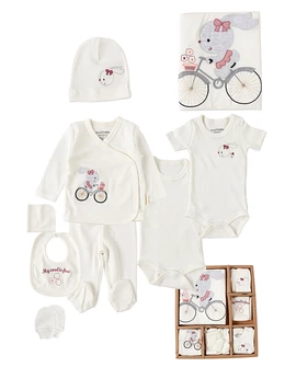 Set 10 piese, nou nascut, Iepuras pe Bicicleta, alb