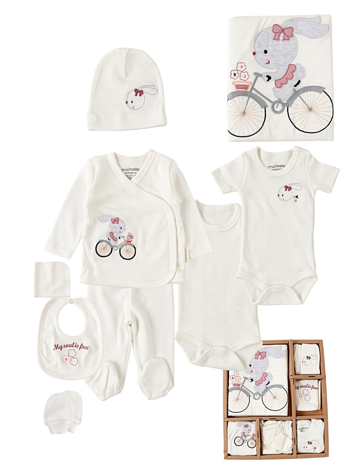 Set 10 piese, nou nascut, Iepuras pe Bicicleta, alb