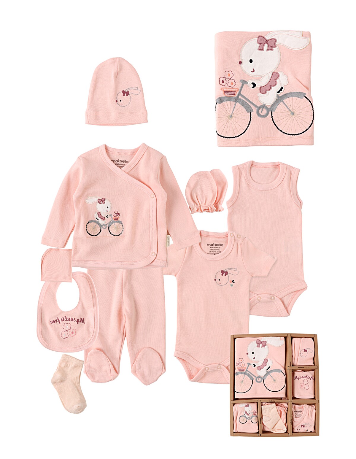 Set 10 piese, nou nascut, Iepuras pe Bicicleta, corai