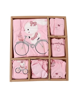 Set 10 piese, nou nascut, Iepuras pe Bicicleta, roz