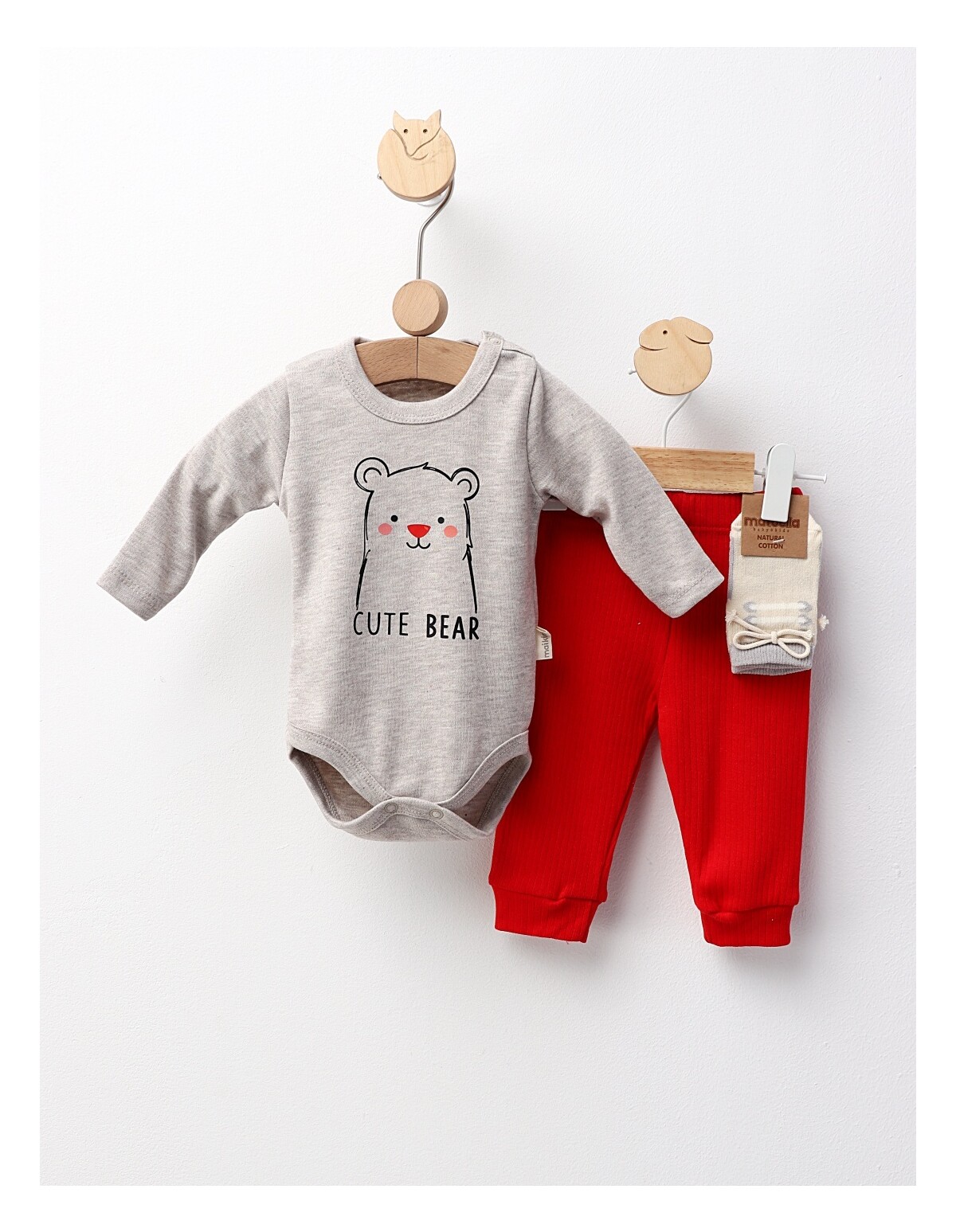 Set 3 piese bebe, Cute Bear, gri-rosu