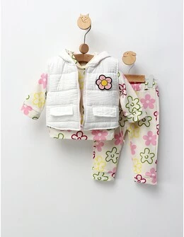 Set 3 piese, cu vesta, All Flowers, alb