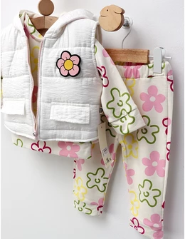 Set 3 piese, cu vesta, All Flowers, alb