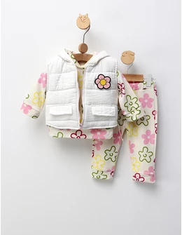 Set 3 piese, cu vesta, All Flowers, alb
