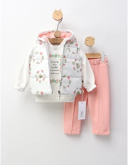 Set 3 piese cu vesta, Enjoi Happines, alb-corai