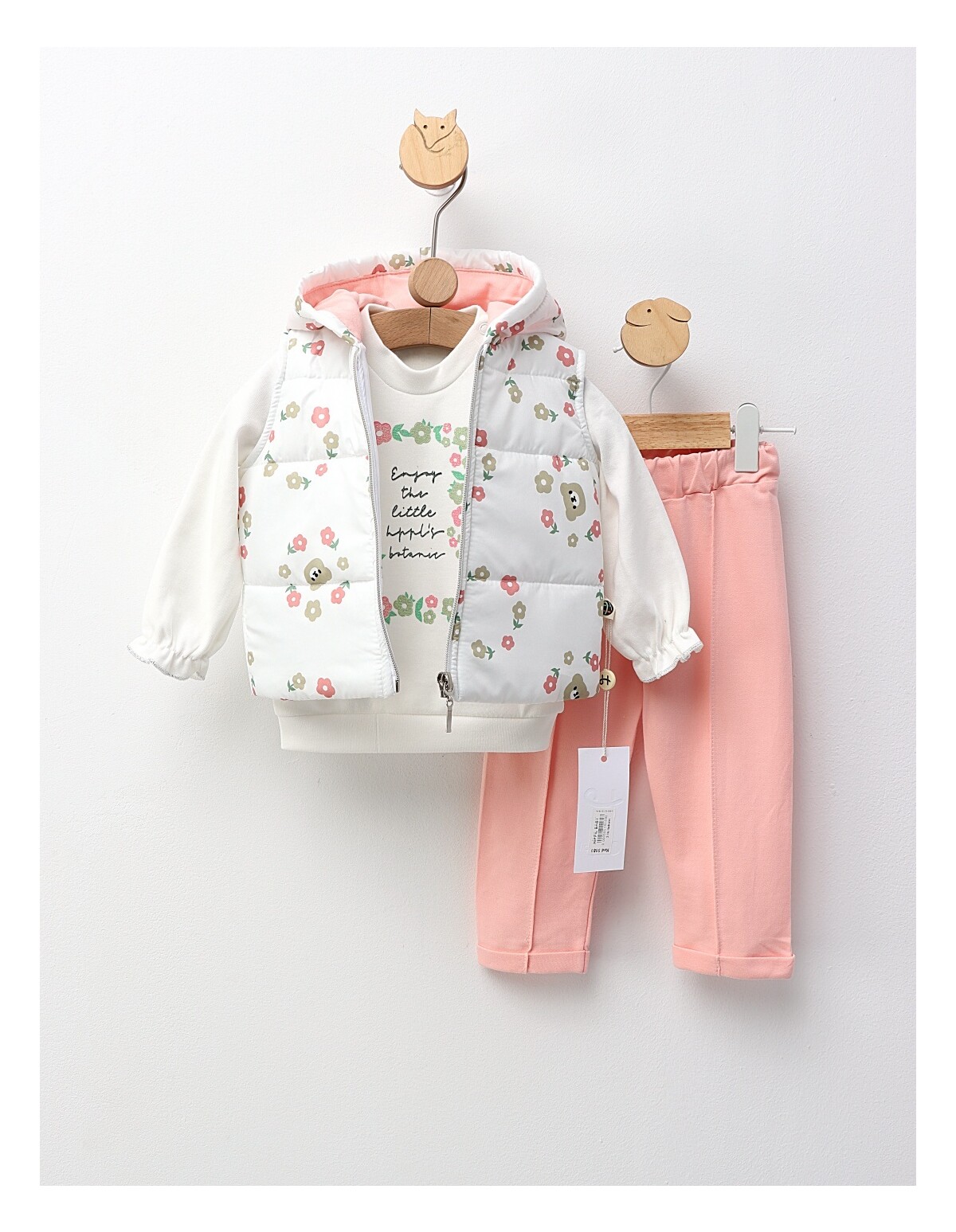 Set 3 piese cu vesta, Enjoi Happines, alb-corai