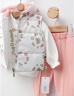 Set 3 piese cu vesta, Enjoi Happines, alb-corai