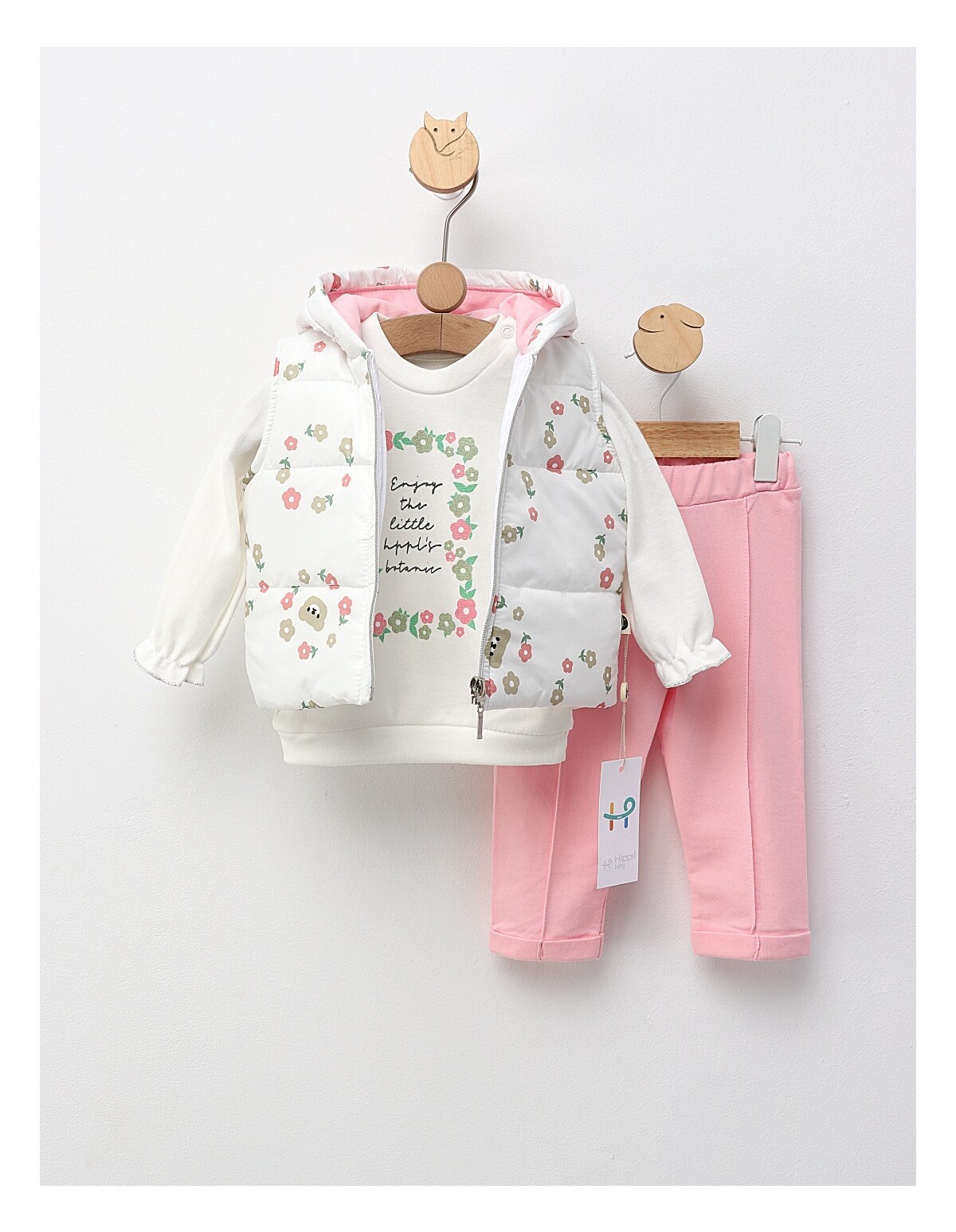 Set 3 piese cu vesta, Enjoi Happines, alb-roz