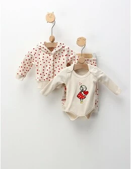 Set 3 piese Fetita cu Inimioare, crem-rosu