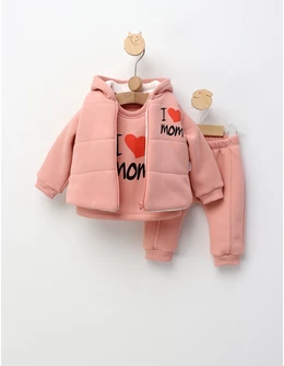 Set 3 piese vatuit, cu Vesta, I love MOM, corai
