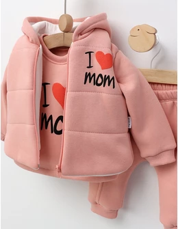 Set 3 piese vatuit, cu Vesta, I love MOM, corai