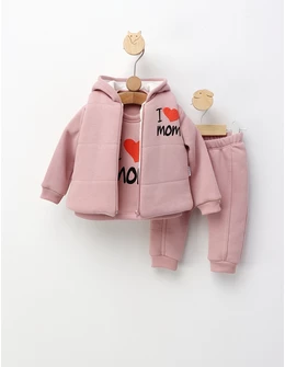 Set 3 piese vatuit, cu Vesta, I love MOM, roz-pal