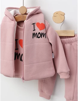 Set 3 piese vatuit, cu Vesta, I love MOM, roz-pal