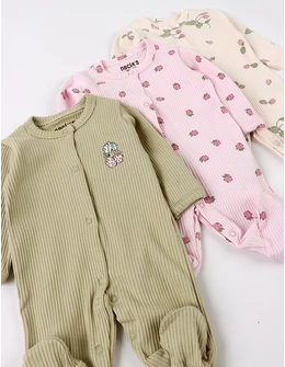 Set 3 salopete, cu botosei, Capsunele, multicolor