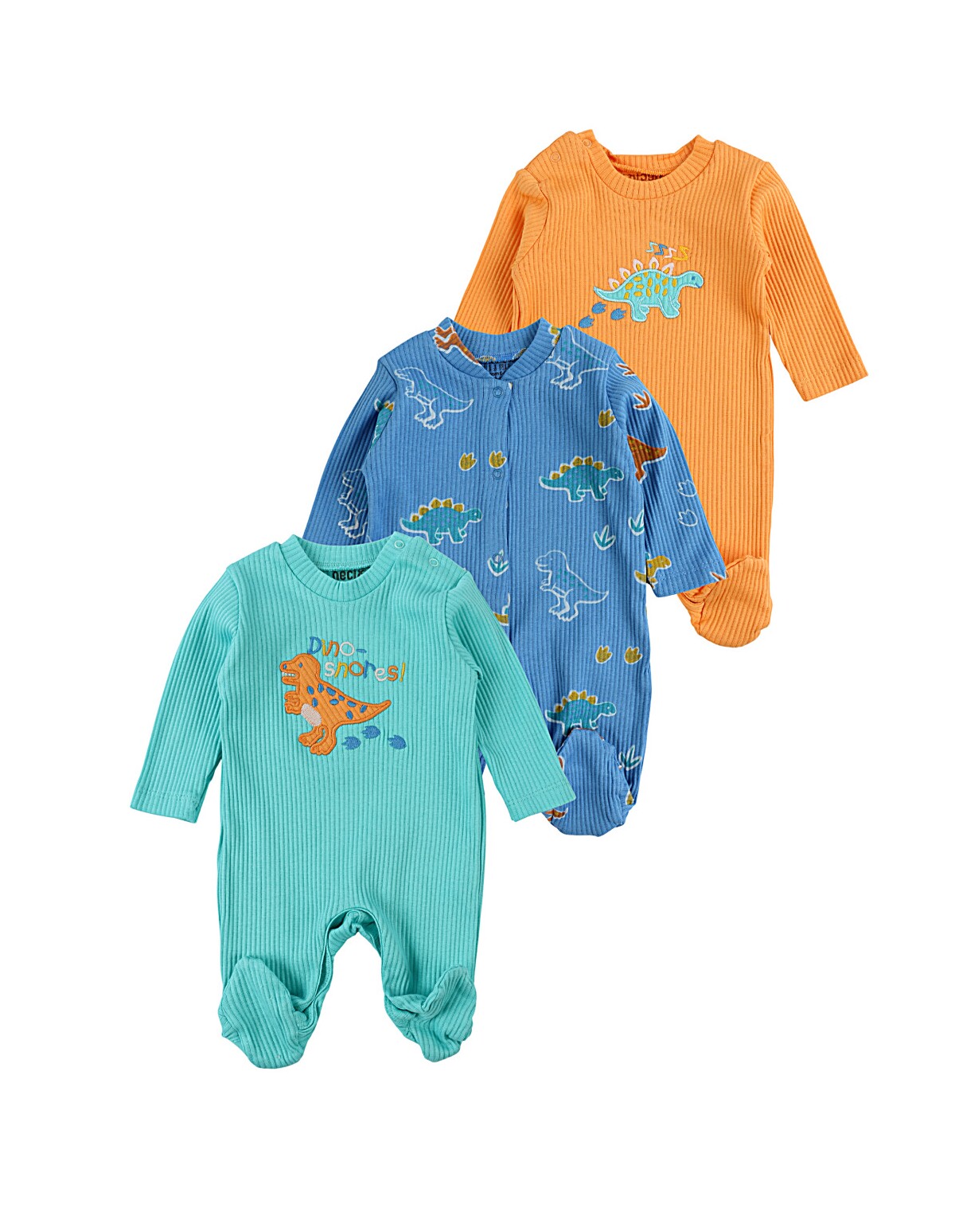 Set 3 salopete, cu botosei, Dino World, multicolor