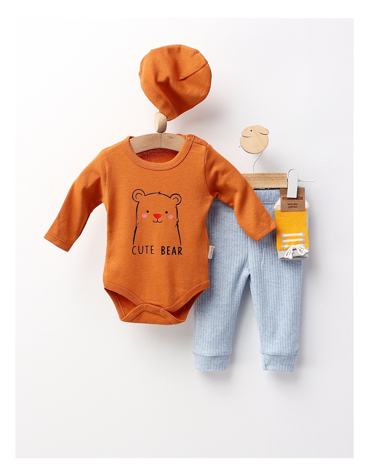 Set 4 piese bebe, Cute Bear, caramiziu-blue