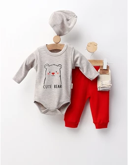 Set 4 piese bebe, Cute Bear, gri-rosu