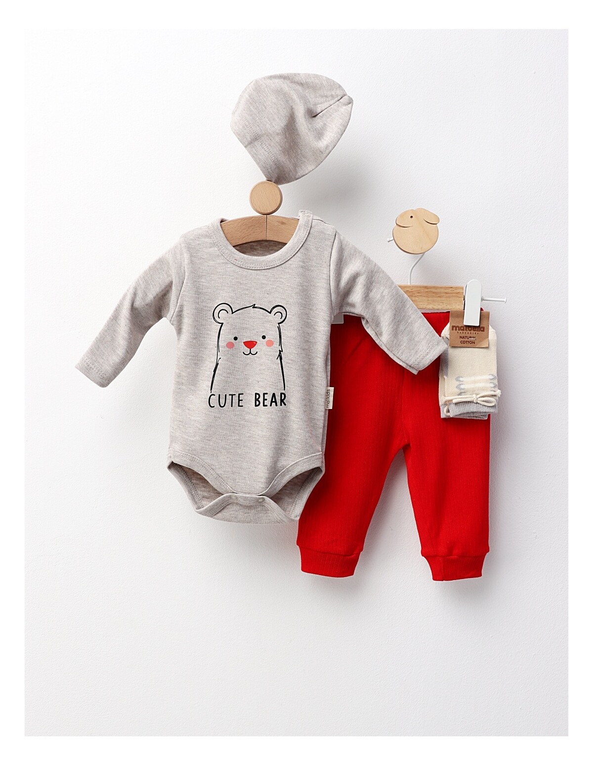 Set 4 piese bebe, Cute Bear, gri-rosu