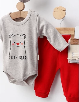 Set 4 piese bebe, Cute Bear, gri-rosu