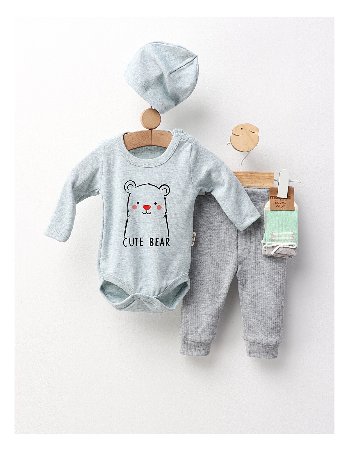 Set 4 piese bebe, Cute Bear, verde-gri