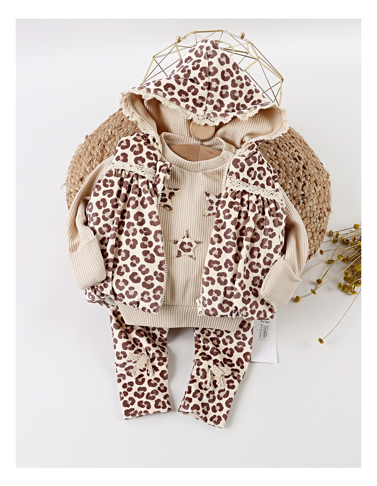 Set catifelat, 3 piese cu vesta Leopard, bej