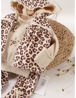 Set catifelat, 3 piese cu vesta Leopard, bej
