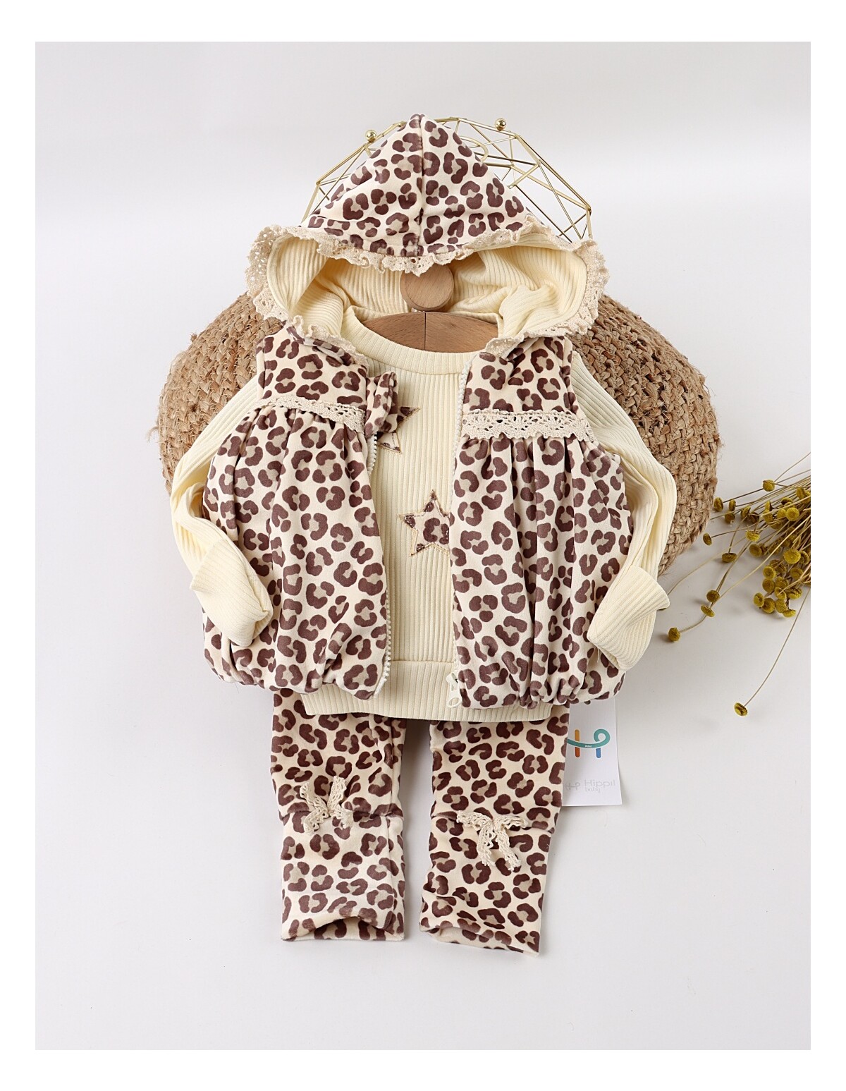 Set catifelat, 3 piese cu vesta Leopard, crem