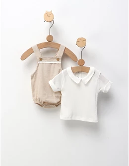 Set de vara, salopeta muselina+tricou, alb-crem
