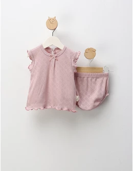 Set tricou + chilotel, cu inimioare, roz-prafuit