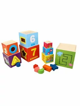 Turn din 8 cuburi Montessori din lemn cu forme, cifre, animale 2