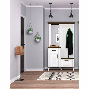 Antreu Skandi, cuier și spații depozitare, MDF/PAL, 110x42x200 cm, Alb/Stejar Burbon