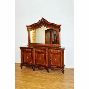 Bufet Milly cu 3 uși din lemn masiv fag, panel și MDF, furniruit cu furnir de nuc, 173x58,5x95,3 cm