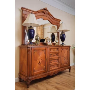 Bufet 4 uși Principesa, design clasic sculptat manual, lemn masiv paltin + MDF furniruit, 231x54x90 cm, nuc