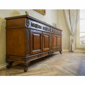 Bufet 4 Uși Vicky, design elegant, masiv fag + panel + MDF furniruit nuc, 180x49x65 h cm, finisaj la alegere