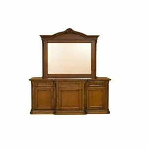 Bufet Mara cu 3 uși și oglindă din lemn masiv fag, panel și MDF, furniruit cu furnir de nuc, 188,5x58x88 cm