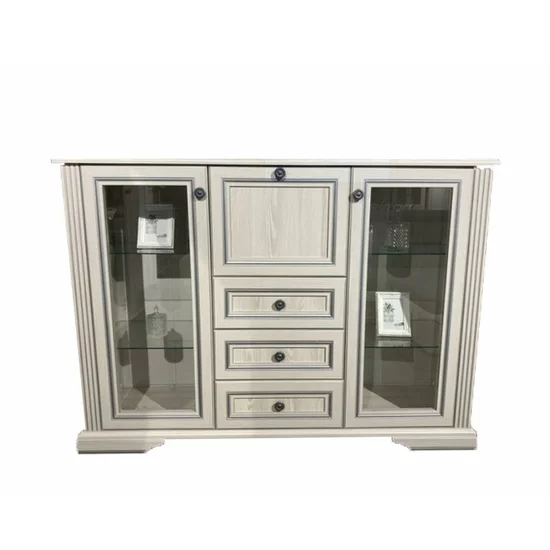 Comodă White 2W3S1B, 2 uși vitrate, 3 sertare și bar integrat, MDF și PAL melaminat, mânere metalice, 161x45x119 cm, frasin alb/pin argintiu picture - 2