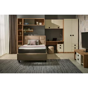 Dormitor Amigo, set modular complet, spații generoase depozitare, pat tapițat cu sertar, PAL melaminat, 120x200 cm, Artisan-Crem