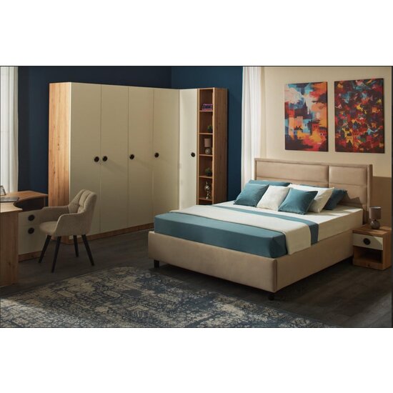 Dormitor Amigo, set modular complet, spații generoase depozitare, pat tapițat cu sertar, PAL melaminat, 120x200 cm, Artisan-Crem picture - 3