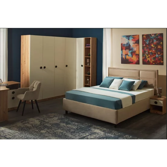 Dormitor Amigo, set modular complet, spații generoase depozitare, pat tapițat cu sertar, PAL melaminat, 120x200 cm, Artisan-Crem picture - 3