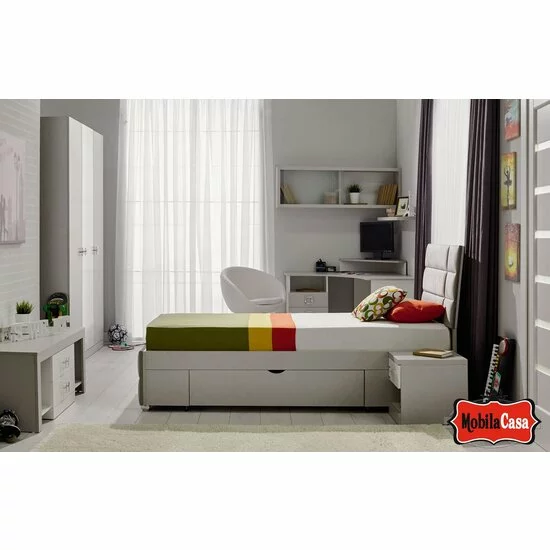 Dormitor Amigo, Modular Cu Pat Tapițat Și Dulap, PAL Melaminat, Gri picture - 3