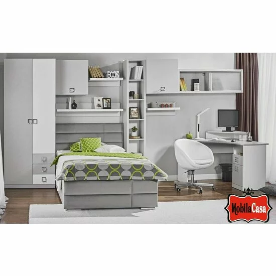 Dormitor Amigo, Modular Cu Pat Tapițat Și Dulap, PAL Melaminat, Gri picture - 2