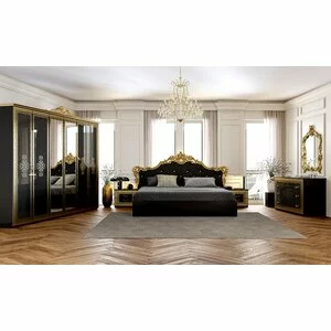 Dormitor Jennifer, Set Complet Cu Pat 160x200, Dulap 6 Uși, Comodă Și Noptiere, PAL, Negru