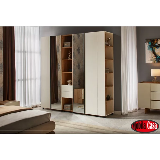 Dormitor Kosmo Artisan-Crem, set modular complet, pat tapițat, dulapuri personalizabile, PAL melaminat, Crem picture - 2