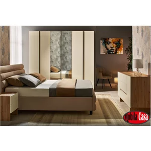 Dormitor Kosmo Artisan-Crem, set modular complet, pat tapițat, dulapuri personalizabile, PAL melaminat