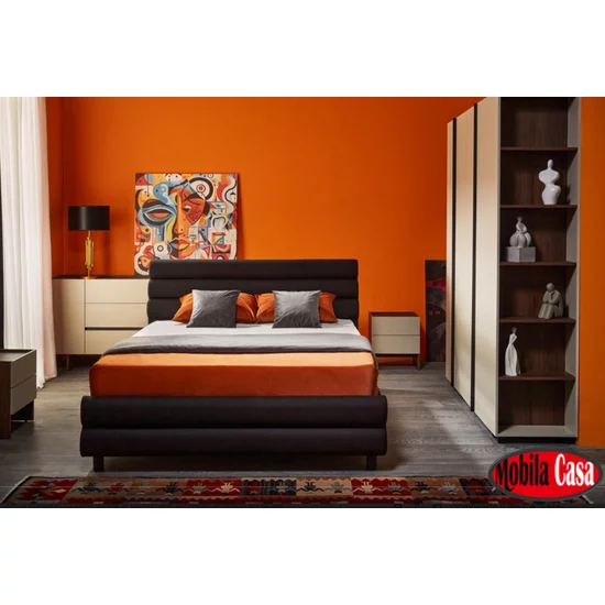 Dormitor Kosmo Negru, set modular modern, pat tapițat, dulap colț cu polite și bară, PAL melaminat, Negru picture - 2