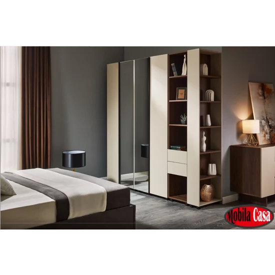 Dormitor Kosmo Negru, set modular modern, pat tapițat, dulap colț cu polite și bară, PAL melaminat, Negru picture - 3