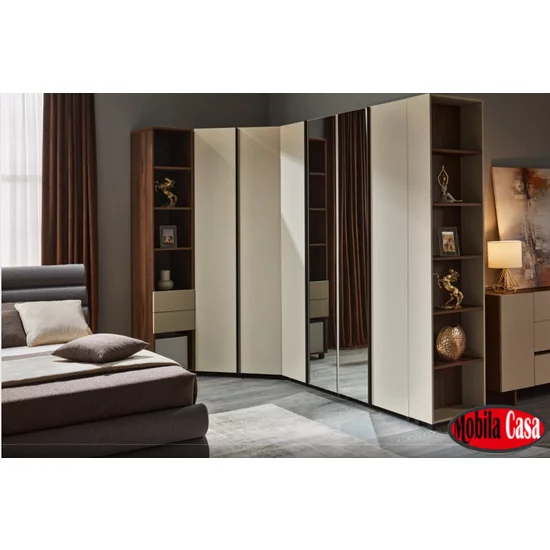 Dormitor Kosmo Negru, set modular modern, pat tapițat, dulap colț cu polite și bară, PAL melaminat, Negru picture - 4