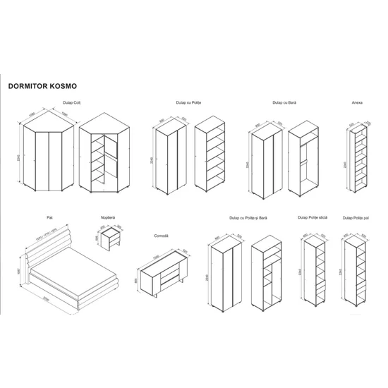 Dormitor Kosmo Negru, set modular modern, pat tapițat, dulap colț cu polite și bară, PAL melaminat, Negru picture - 6