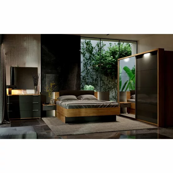 Dormitor Luna, cu pat 160x200 cm, dulap 6 uși, 2 noptiere, comodă 3 sertare, stejar-lava picture - 2