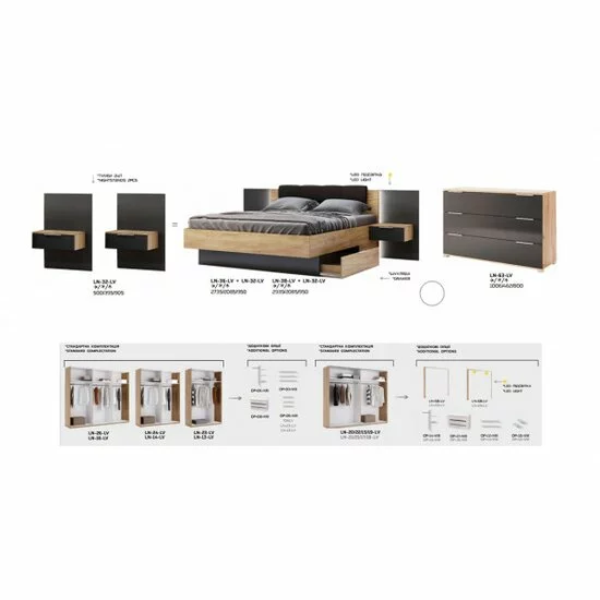 Dormitor Luna, cu pat 160x200 cm, dulap 6 uși, 2 noptiere, comodă 3 sertare, stejar-lava picture - 21